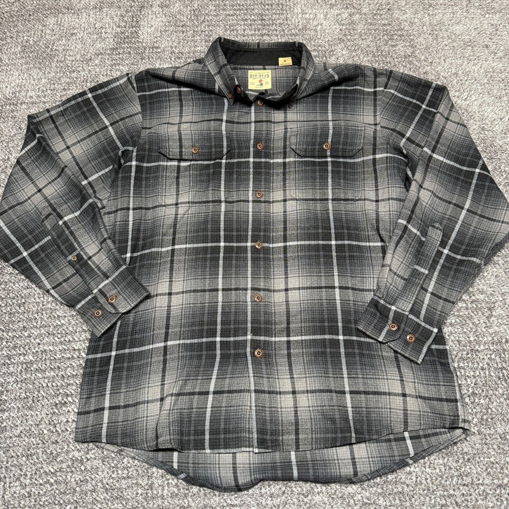 Red Head Mens Flannel Shirt L Gray Black Plaid Long Sleeve Button Up Outdoor